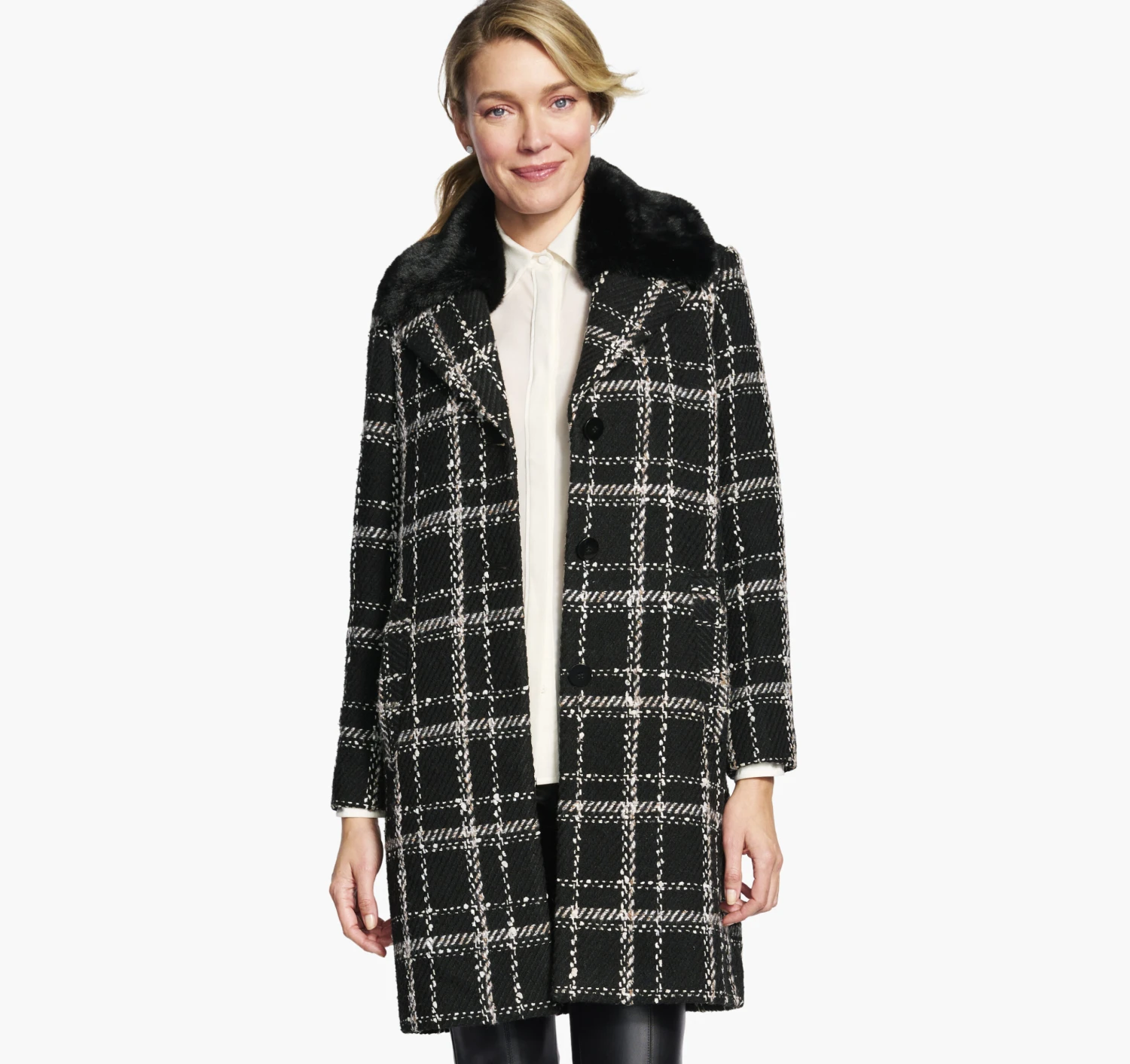 Plaid Coat With Removable Faux-Fur Collar - 04501812-S 3 Plaid Coat With Removable Faux-Fur Collar - 04501812-S