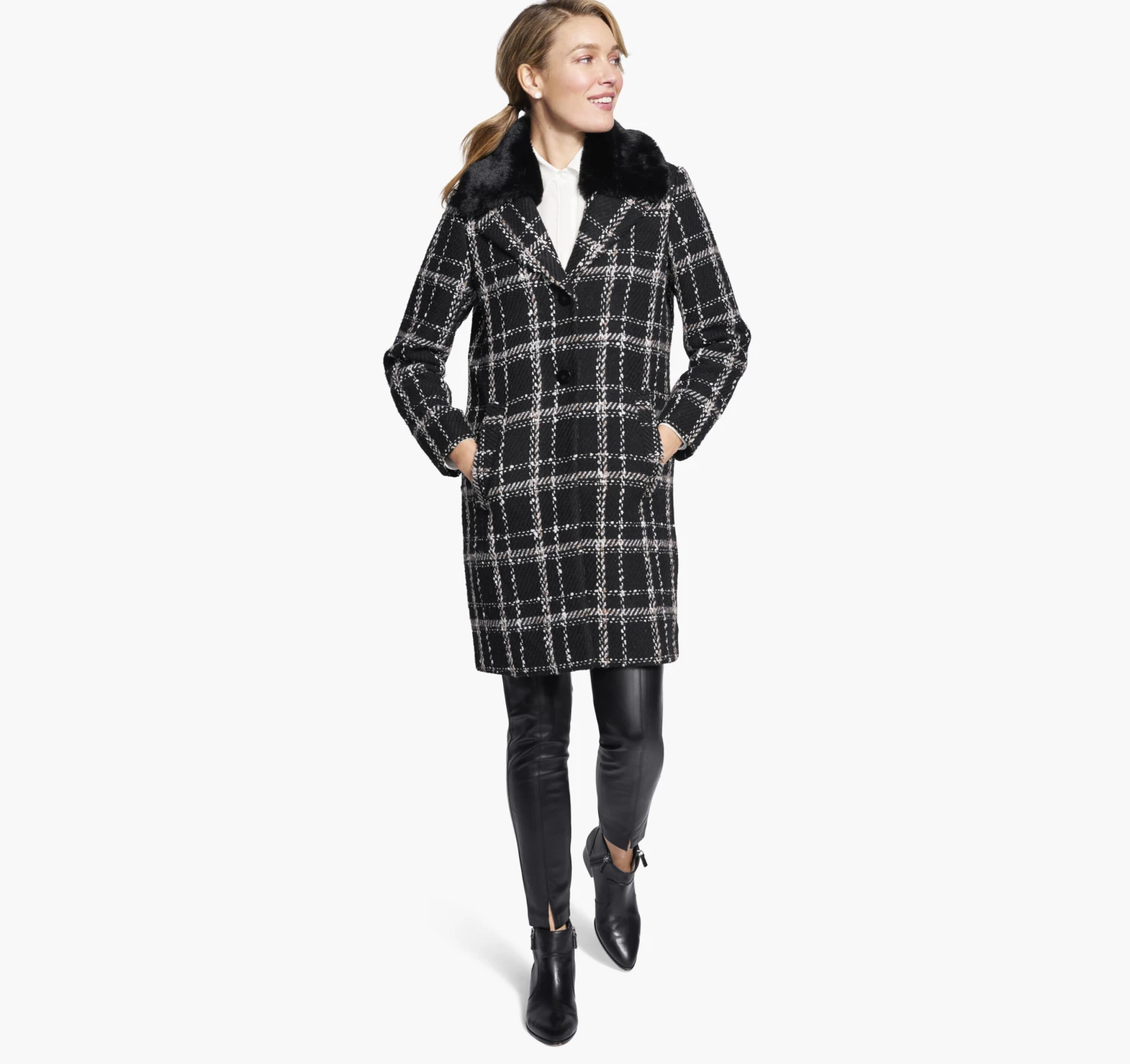 Plaid Coat With Removable Faux-Fur Collar - 04501812-S 5 Plaid Coat With Removable Faux-Fur Collar - 04501812-S - Image 3